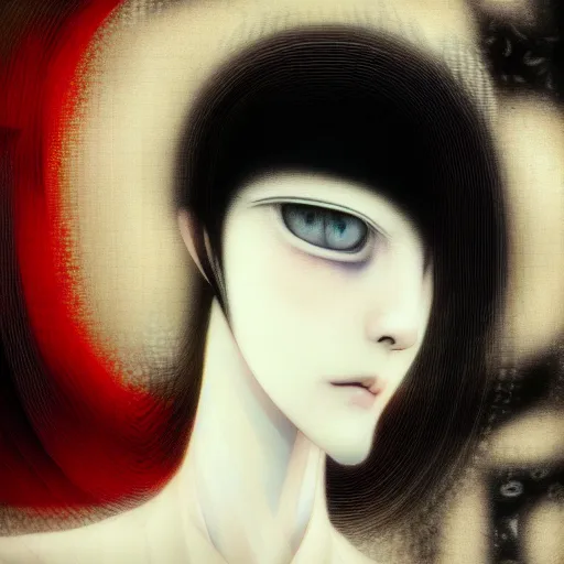 Image similar to yoshitaka amano blurred and dreamy realistic portrait of a woman with black eyes and white hair wearing dress suit with tie, junji ito abstract patterns in the background, satoshi kon anime, noisy film grain effect, highly detailed, renaissance oil painting, weird portrait angle, blurred lost edges, three quarter view