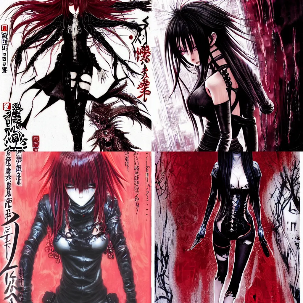 Prompt: highly detailed professional late 2 0 0 0 s seinen manga cover art of goth woman with red hair, red eyes, leather clothes, black makeup. chunibyo. horror cyberpunk action manga cover promotional art. detailed and intricate environment. pencils by ilya kuvshinov and painted by zdzislaw beksinski, inked by tsutomu nihei