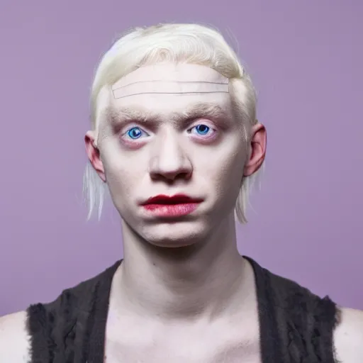 Image similar to portrait of an albino in front of a white background, blonde hair and eyebrows, face tattoo, cinematic lightin