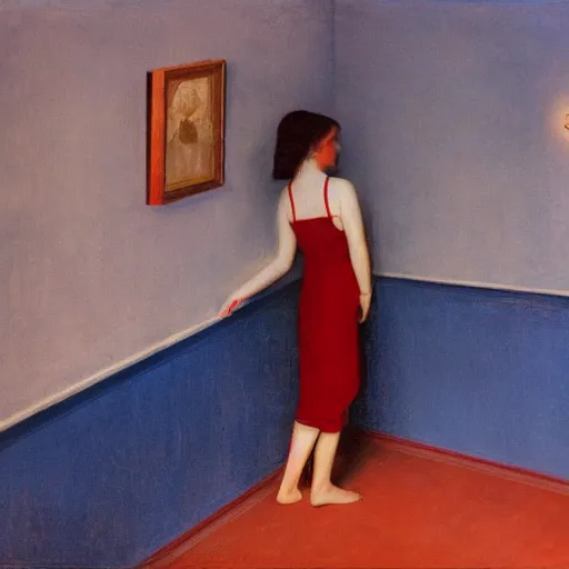 Image similar to close - up of an ivory young gir in a blue and red haunted liminal abandoned room, film still by edward hopper, by gottfried helnwein, by klimt, art noveau, highly detailed, strong lights, liminal, eerie, bright pastel colors,