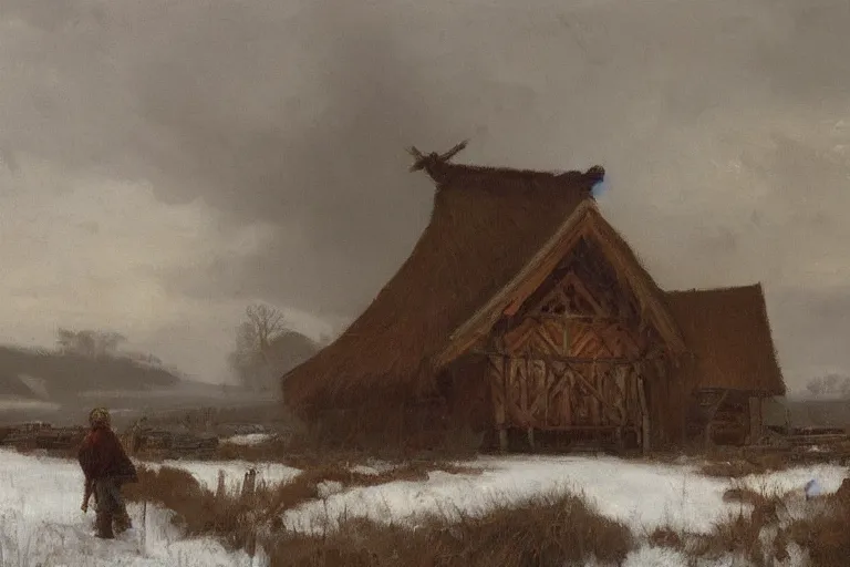 Image similar to Longhouse, snowy plains, cliffs to a lower bay history painting, morning light, Archaic viking blizzard, artstation, oil on canvas, by Albert Aublet, Private Collection