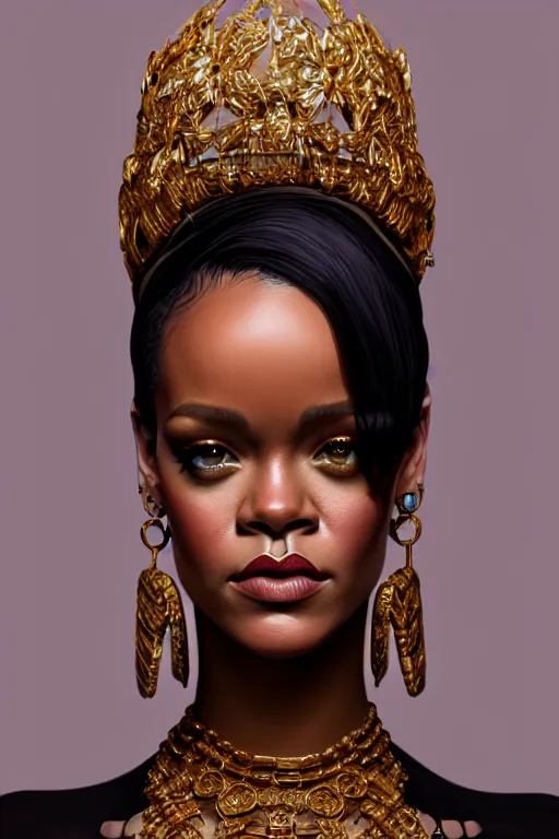 Prompt: portrait of Rihanna , highly detailed and rendered gold jewelry, digital art, intricate, sharp focus, Trending on Artstation, HQ, unreal engine 5, 4K UHD image, by brom, artgerm, face by Otto Schmidt