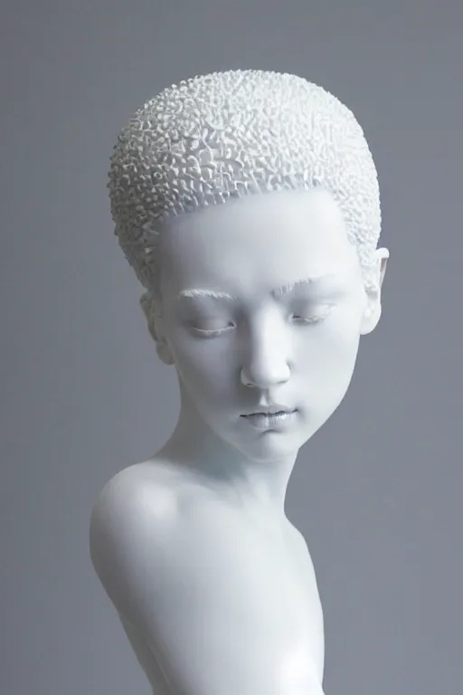 Image similar to full head and shoulders, beautiful female porcelain sculpture by daniel arsham and james jean, smooth, all white features on a white background, real reflective hair made from solid gold twisted on top of head, delicate facial features, white eyes, white lashes