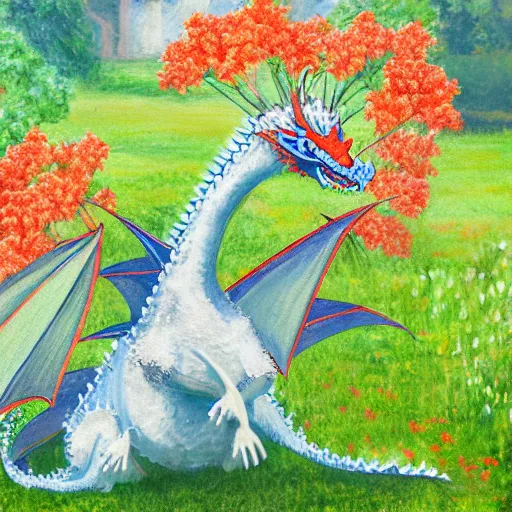 Prompt: a fire - breathing dragon sneezes in a field of hydrangeas, impressionist