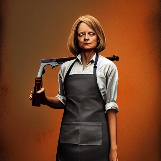 Image similar to portrait of jodie foster dressed an apron dress, carrying a shotgun, apocalypse, sharp focus, illustration, highly detailed, digital painting, concept art, art by wlop and greg cinematic lighting