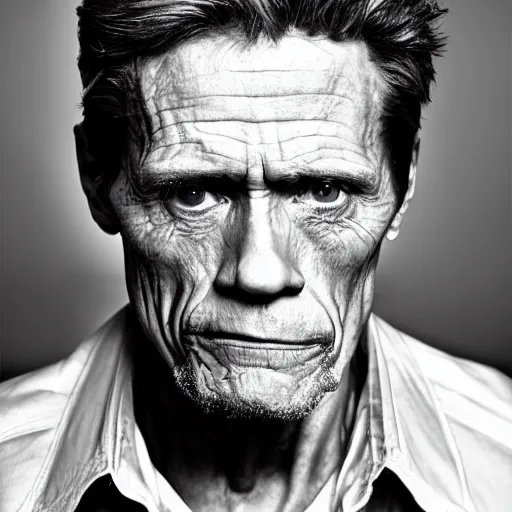 Prompt: portrait of william dafoe in the style of iron man, award winning portrait photography