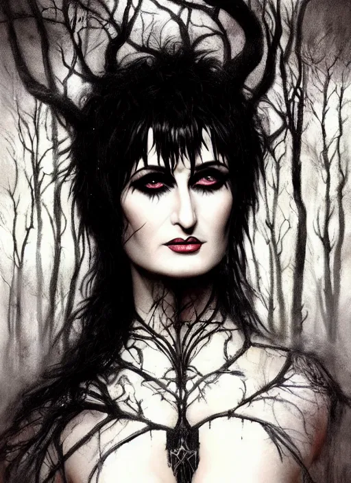 Image similar to portrait of siouxsie sioux, dark and ethereal, expressive pose, peaceful expression, dark gothic dress, fantasy, intricate, dark forest background, highly detailed, digital painting, artstation, concept art, smooth, sharp focus, illustration, art by artgerm and greg rutkowski and scott m fischer