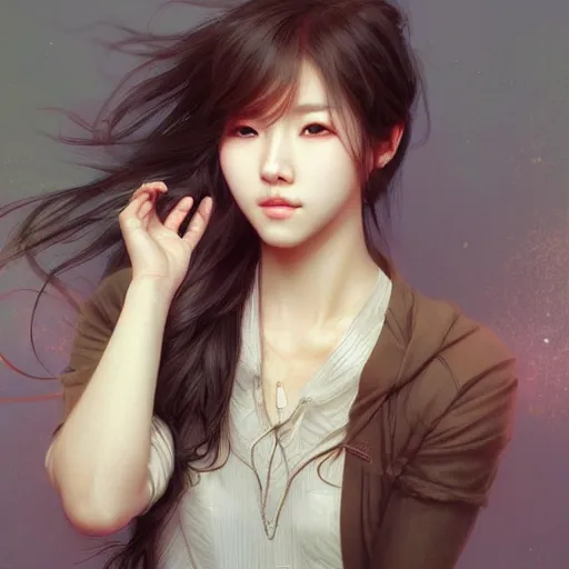 Prompt: portrait of kpop idol, dreamy and ethereal, casual clothes, fierce expression, intricate, highly detailed, digital painting, artstation, concept art, smooth, sharp focus, illustration, art by artgerm and greg rutkowski and alphonse mucha