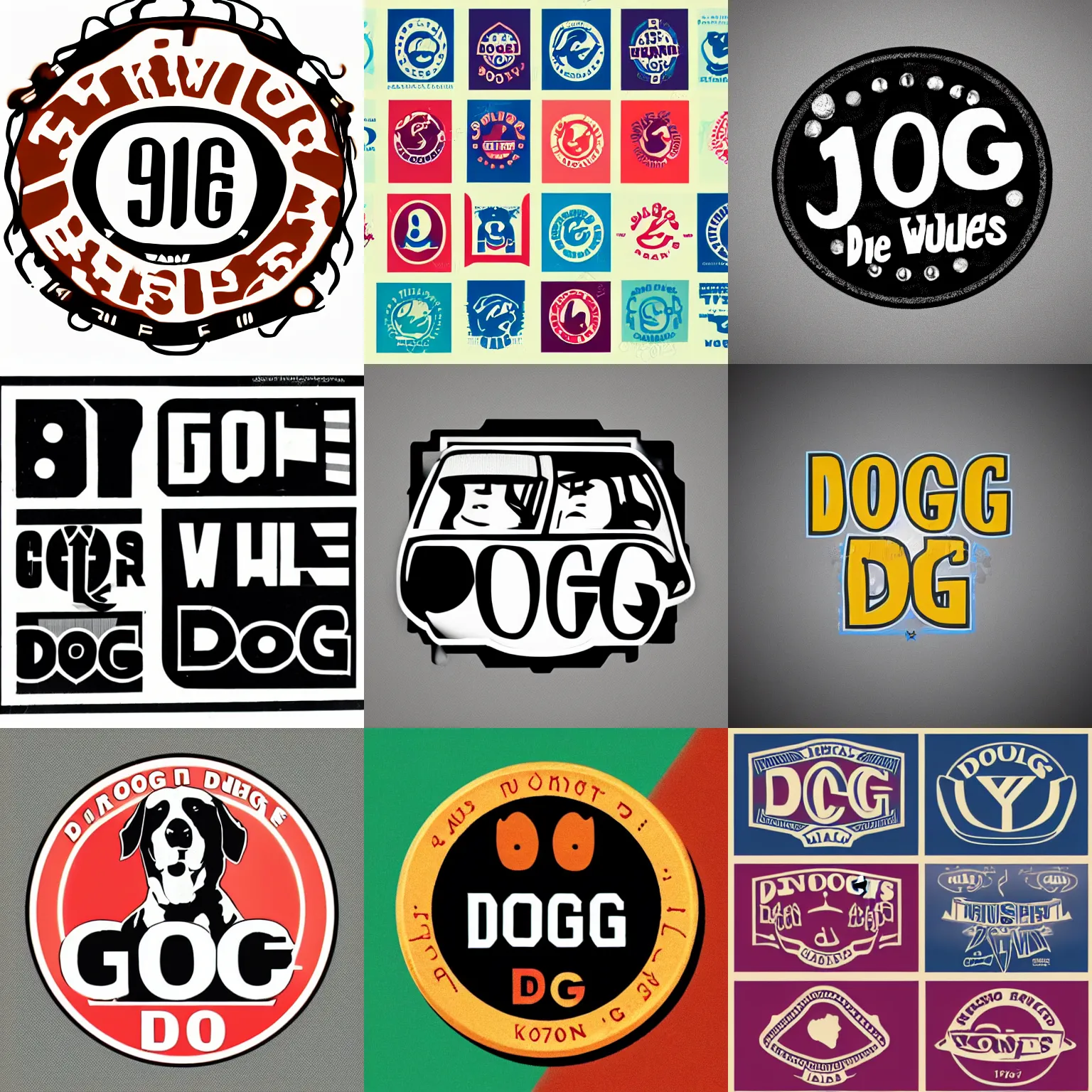 Prompt: 1 9 7 0 s graphic logo with the words doggo dudes