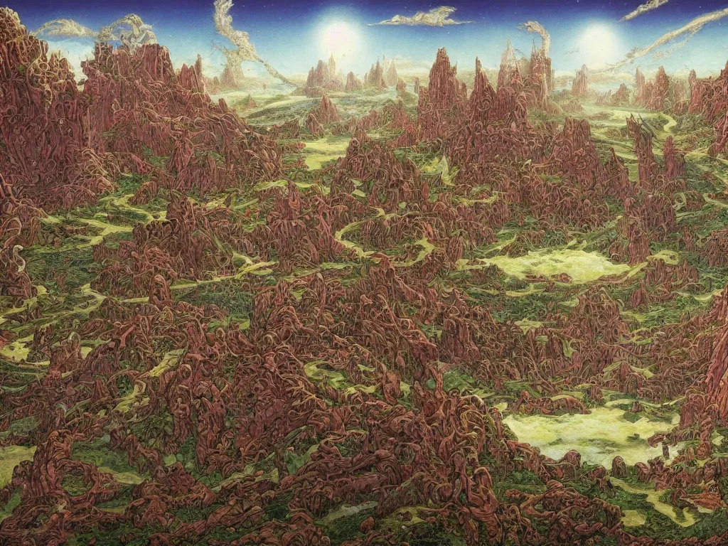 Image similar to fantasy landscape made by moebius with a 8 eyed humanoid god dealing cards over a medieval field