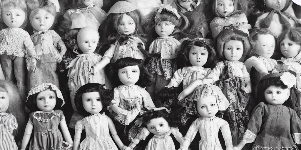 Image similar to creepy doll collection, black and white vintage photo