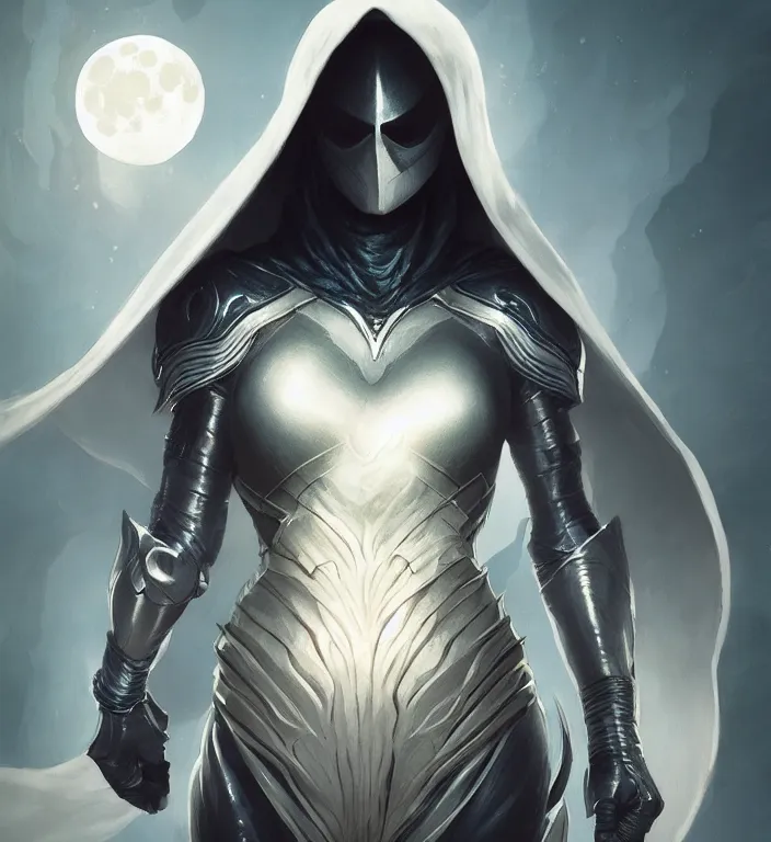 Image similar to female moon knight, hyper detailed, digital art, trending in artstation, cinematic lighting, studio quality, smooth render, unreal engine 5 rendered, octane rendered, art style by klimt and nixeu and ian sprigger and wlop and krenz cushart