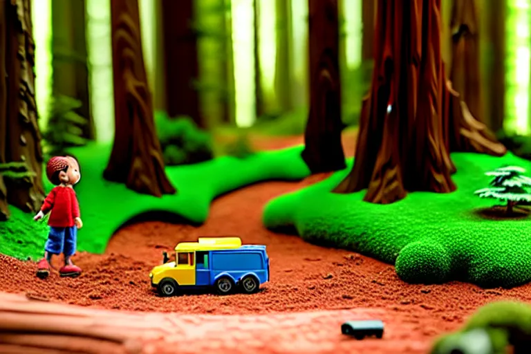 Image similar to fisher price redwood forest, california scene from tv show hyper detailed 5 5 mm 8 5 mm, toy photography, made out of plastic