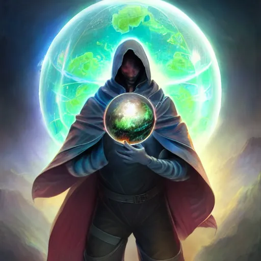 Image similar to male rogue wearing a cloak on an alien world and holding a holographic planet projection in his hand, covered face, detailed, sci - fi, digital painting, artstation, sharp focus, illustration, artgerm, tomasz alen kopera, peter mohrbacher, donato giancola, joseph christian leyendecker, wlop, frank frazetta