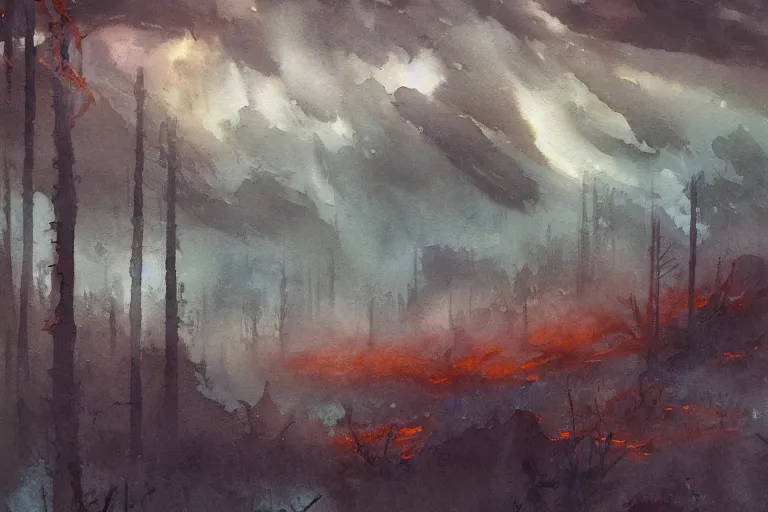 Prompt: small centered on watercolor paper, paint brush strokes, abstract watercolor painting of copper night sky over ancient silver forest, cinematic light, national romanticism by hans dahl, by jesper ejsing, by anders zorn, by greg rutkowski, by greg manchess, by tyler edlin, by craig mullins