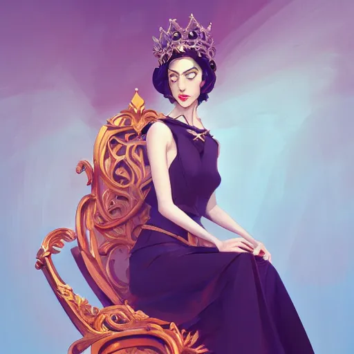 Image similar to stylized minimalist a beautiful black haired woman with pale skin and a crown on her head sitted on an intricate metal throne, loftis, cory behance hd by jesper ejsing, by rhads, makoto shinkai and lois van baarle, ilya kuvshinov, rossdraws global illumination,