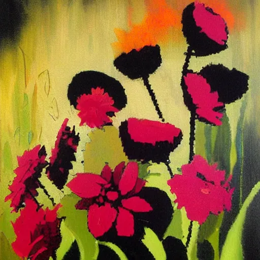 Prompt: a painting of 8bit flowers by phil hale