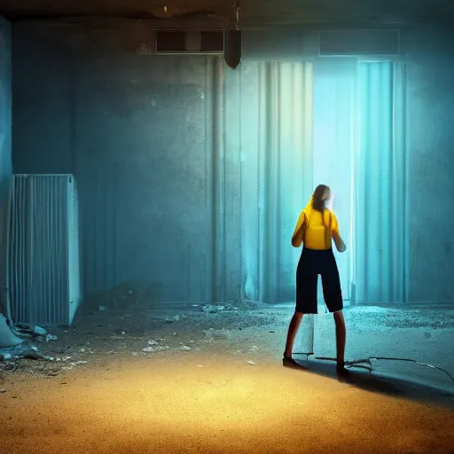 Prompt: woman holding a flashlight running through the interior of an abandoned restaurant, blue and yellow theme, with no windows, tables and chairs, cinematic lighting, night, terrifying, scp 3008, landscape, fog, artstation