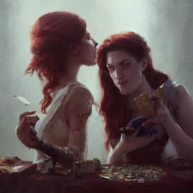 Image similar to a painting of two queens playing games by greg rutkowski, dark fantasy art, high detail, trending on artstation