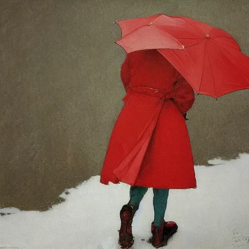 Prompt: woman with red coat and cyan umbrella, by norman rockwell