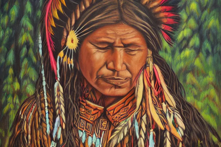 Prompt: a painting of elegant native american thinking by flooko, forest, vibrant, detailed, ethereal, glows,