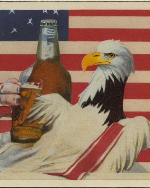 Image similar to postcard showing 'a cool bald eagle perched on a beach chair with shades and a beer bottle' laying in the sand, advertisement, american flag