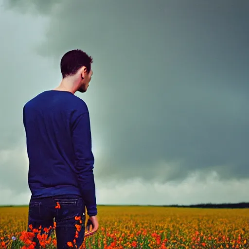 Prompt: close up kodak portra 4 0 0 photograph of a skinny guy standing in field looking at a tornado of flowers, back view, moody lighting, telephoto, 9 0 s vibe, blurry background, vaporwave colors, faded!,