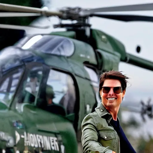 Image similar to Tom Cruise waving to fans. He's wearing blue jeans and a green jacket, Ralph Lauren. A helicopter is in the background. Shallow depth of field