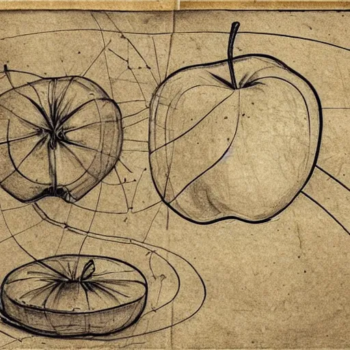 Image similar to schematics of an apple, davinci style, paper drawing, highly detailed, accurate from reality, usable to replicate, 8 k