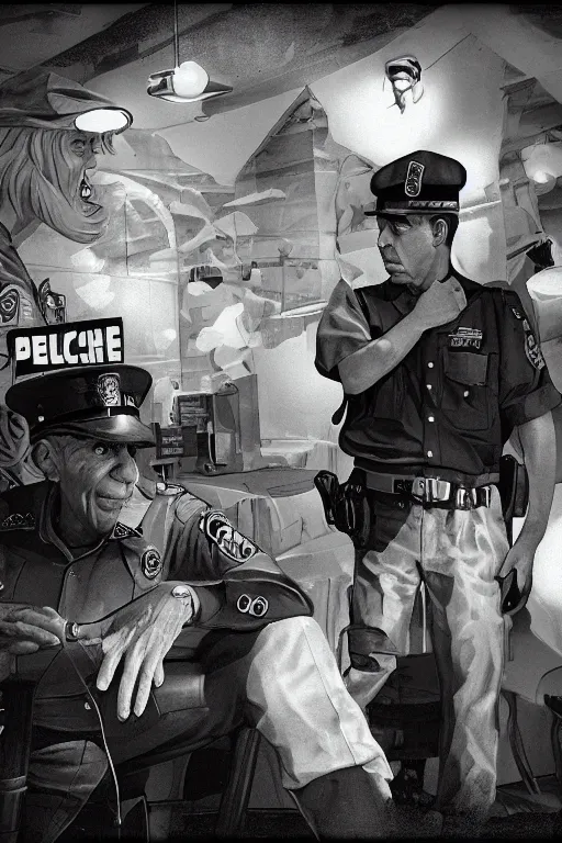 Image similar to andy griffith and barney fife, police stake out, at a birthday party at chuck e cheese, mid 9 0 s, gritty, ethereal details, cinematic lighting, hyper - detailed, maximalist, artstation, 8 k