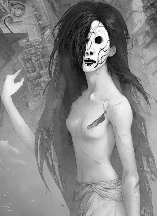 Image similar to close up of a veiled half scull mask girl on the ruins temple, fingers on lips, looking at the camera very curiously, smog on the floor, extremely beautiful and aesthetic and attractive detailed face and body, intricate, chiaroscuro, model pose, fantasy illustrations, light novel cover art, by makoto shinkai and jeremy lipking and ferdinand knab