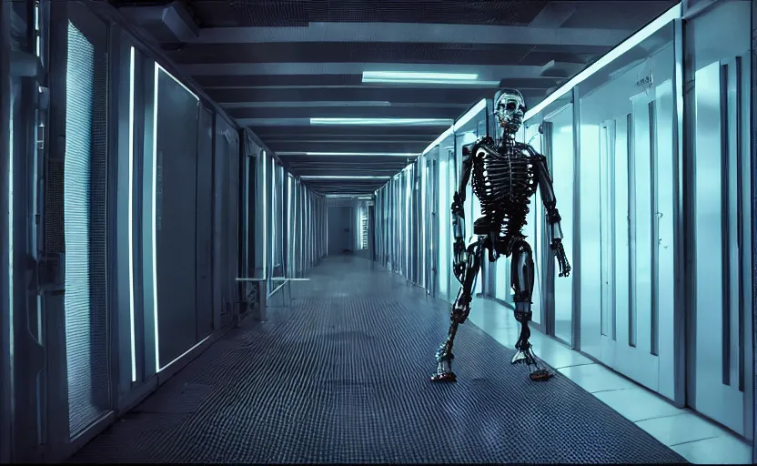 Image similar to terminator without flesh, staying in front of data center room. extreme long shot, high detail, cinematic colors