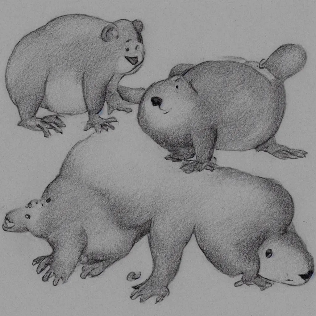 Prompt: drawing from 1 9 2 0's disney animation, white paper, black & white, monkey polar bear, fat rabbit frog