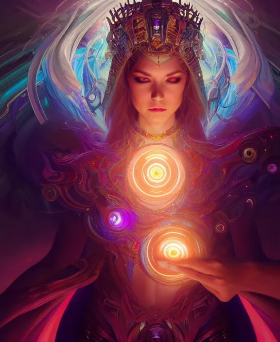 Image similar to a whirlwind of souls rushing inside the metaverse, half body, glowin eyes, tiara with sapphire, pharaoh, android, cyberpunk, d & d, fantasy, intricate, elegant, highly detailed, colorful, vivid color, digital painting, artstation, concept art, art by artgerm and greg rutkowski and alphonse mucha and ruan jia