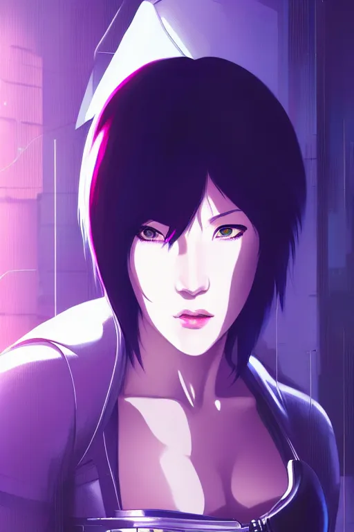 Image similar to a still fullbody portrait of motoko kusanagi ghost in the shell, finely detailed features, closeup at the faces, perfect art, at a cyberpunk city, gapmoe yandere grimdark, trending on pixiv fanbox, by ilya kuvshinov, rossdraws, artgerm