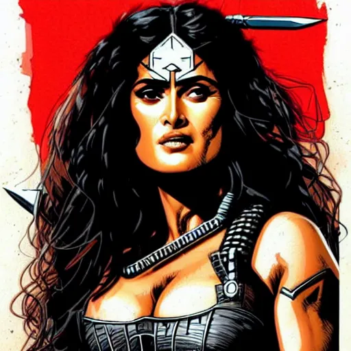 Image similar to a portrait of Salma Hayek as a barbarian warrior intricate details by MARVEL comics and Sandra Chevrier