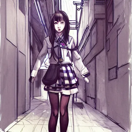 Image similar to a perfect, realistic professional digital sketch of a Japanese schoolgirl posing in a sci-fi alleyway, style of Marvel, full length, by pen and watercolor, fine details, by a professional American senior artist on ArtStation, a high-quality hollywood-style sketch, on high-quality paper
