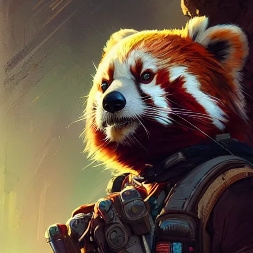 Image similar to red panda as apex legends character, digital illustration portrait design, by android jones and greg rutkowski, retrowave color scheme, detailed, cinematic lighting, wide angle action dynamic portrait