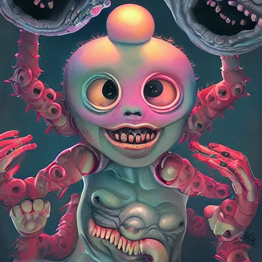 Prompt: Lofi horror, a baby monster with six arms, six arms, monster,chalk, Pixar style, Tristan Eaton, Stanley Artgerm, Tom Bagshaw, Basil Gogos