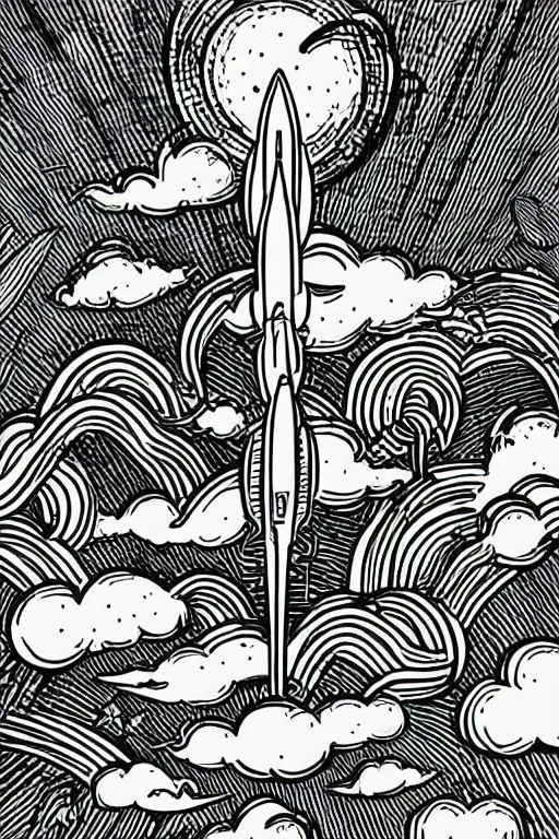 Image similar to mcbess illustration of a rocket ship with rainbow color exhaust fumes