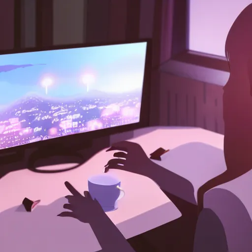 Prompt: a photograph of a person sitting at a desk, looking at monitor, dimly lit bedroom, hot cocoa drink, by studio ghibli, pastel tones, 4 k, 8 k