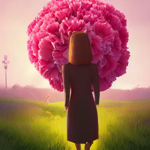 Prompt: giant carnation flower head, girl in a suit, on a path, surreal photography, sunrise, dramatic light, impressionist painting, digital painting, artstation, simon stalenhag