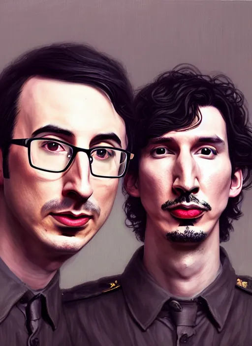 Image similar to a portrait of john oliver and adam driver posing together, stoic, military uniform, fantasy, intricate, elegant, beautiful, highly detailed, centered, digital painting, artstation, concept art, smooth, sharp focus, illustration, art style by klimt and nixeu and ian sprigger and wlop and krenz cushart