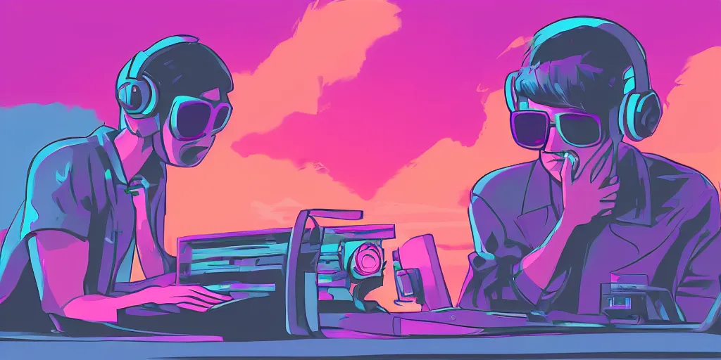 Prompt: discord moderator in front of a computer, lo-fi beats, synthwave