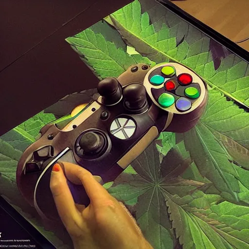 Prompt: beautiful matte painting of a gaming controller made of cannabis leaves and cannabis buds as buttons, woven together with hemp, so dope on the sticks, playstation concept art, smooth, vibrant colors, sharp focus, illustration, art by artgerm and greg rutkowski and alphonse mucha