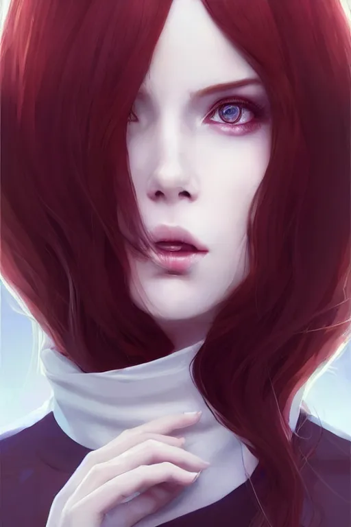 Image similar to beautiful pale vampire with auburn hair in a white turtleneck dress, on a super yacht, by guweiz and wlop and ilya kuvshinov and and moebius, artgerm, symmetrical eyes, aesthetic, gorgeous, stunning, alluring, attractive, half body portrait, artstation, deviantart, pinterest, digital art