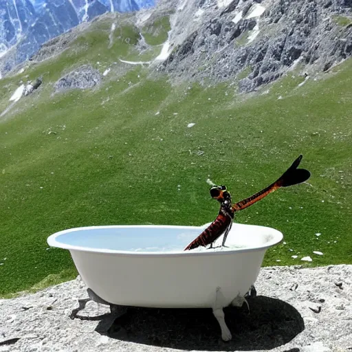 Prompt: dragonfly in a bathtub in the alps, goats!!!!!!!! in background