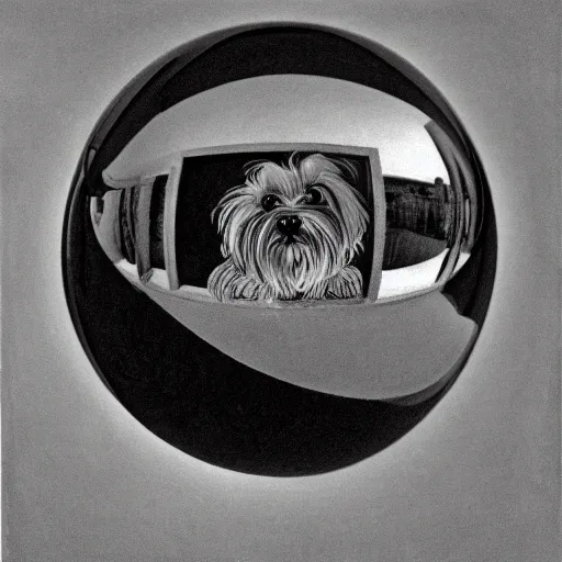 Image similar to self portrait of a havanese dog reflecting into a chrome sphere held by a dog's paw, pen on paper, by mc escher