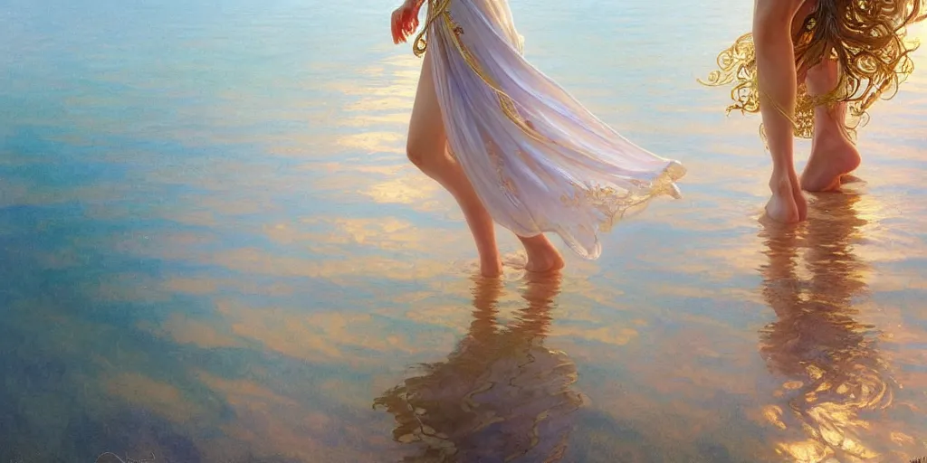 Image similar to highly detailed portrait of a barefoot white skirt girl stand on the water, water surface reflection, the calm sea level, ultra wide angle, gold filigree, romantic storybook fantasy, soft cinematic lighting, award, disney concept art watercolor illustration by mandy jurgens and alphonse mucha and alena aenami, pastel color palette, featured on artstation