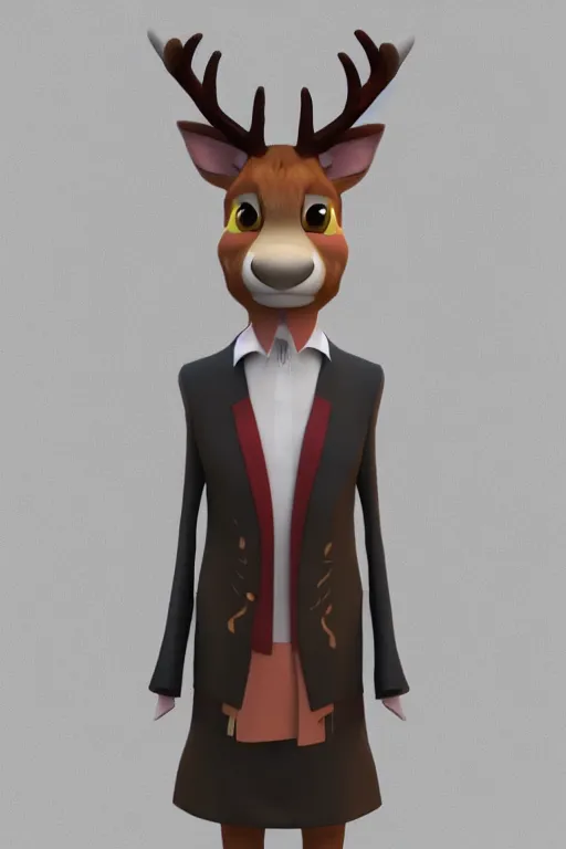 Prompt: cute 3d render of an anthro furry deer character in 3/4 view wearing a smoking jacket, profile picture trending on ArtStation